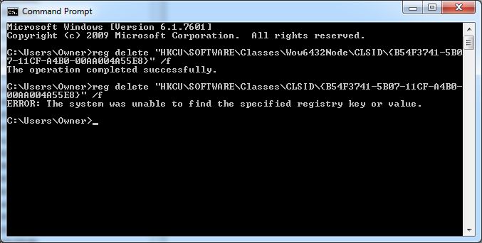 Registry error shown during deletion of key